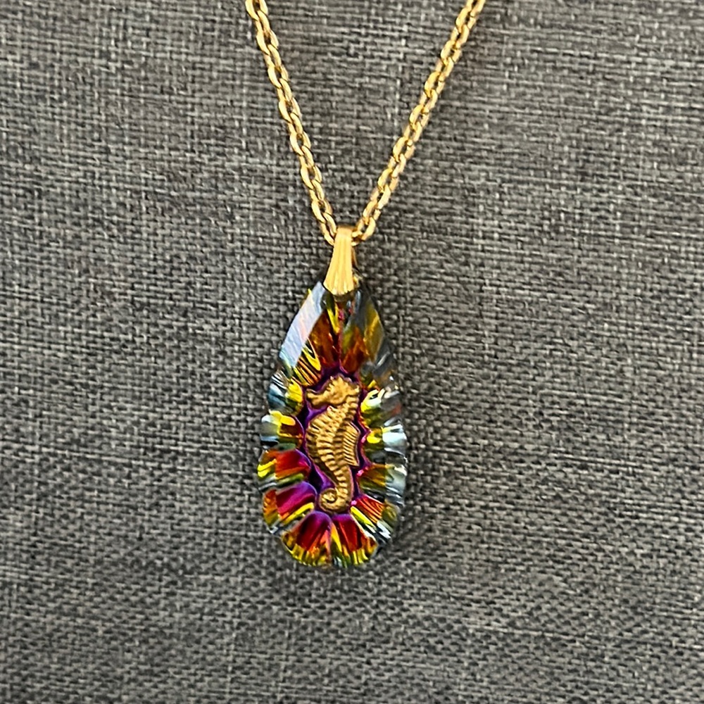 Large Vintage German Glass Vitrail Drop Pendant